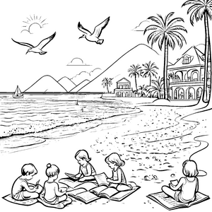 Begeisterte Kindergruppe beim Lesen am Strand Ausmalvorlage für wissbegierige Buchliebhaber