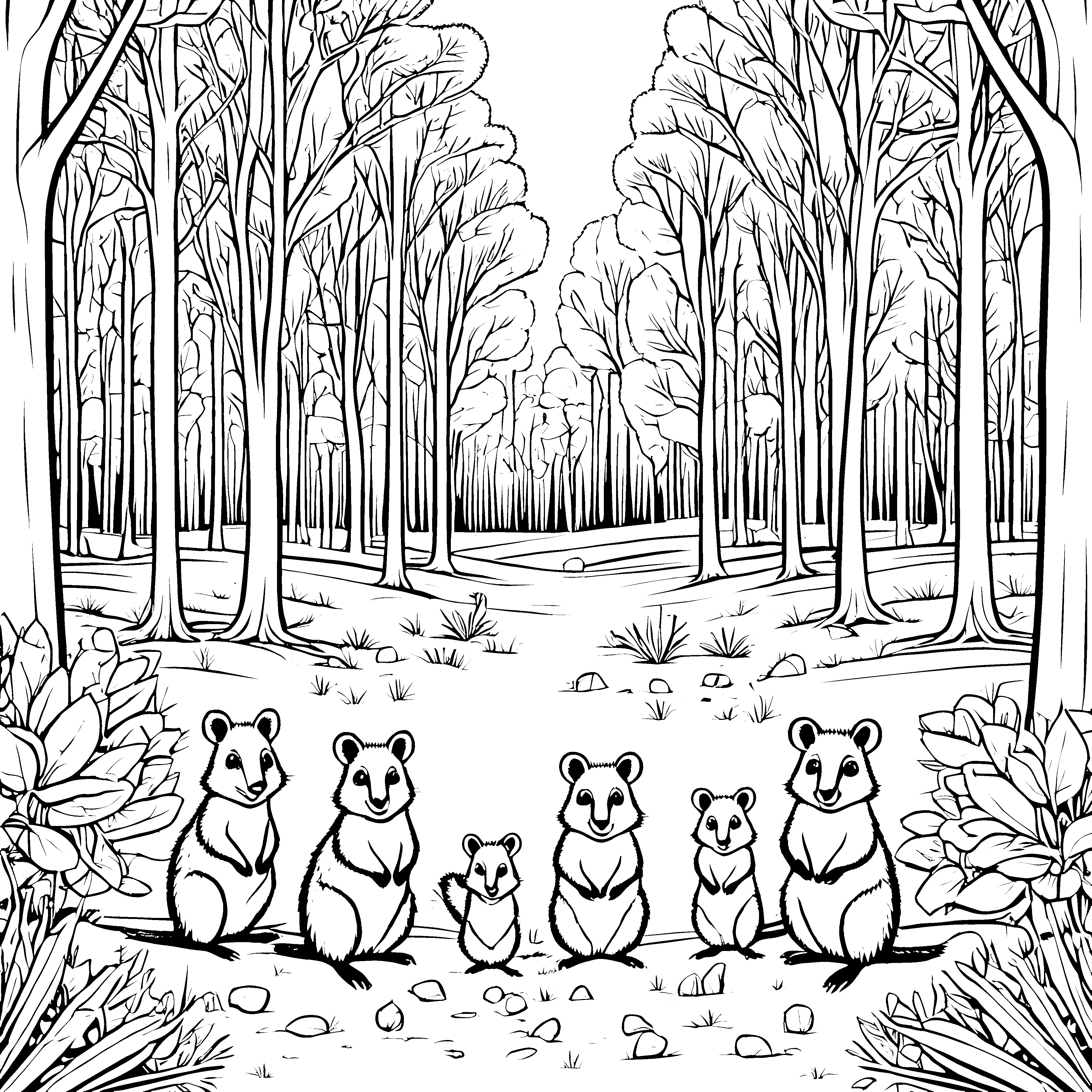 Verspielte Quokkas im fröhlichen Wald Ausmalvorlage für junge Naturentdecker