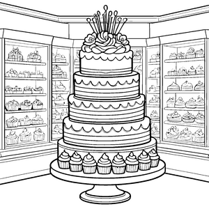 Großer Kuchen mit vielen bunten Cupcakes Ausmalbild für süße Leckermäuler