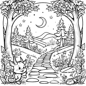 Teufelchen auf geheimnisvollem Waldweg Ausmalbild für kleine Abenteuerer