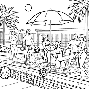 Lebhafte Poolparty mit Freunden und buntem Ball Ausmalvorlage für sprudelnde Entdecker
