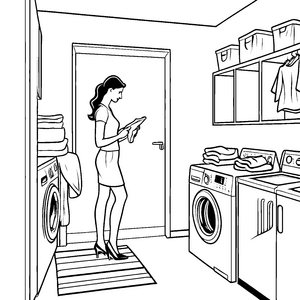 Elegante Frau mit Buch neben der Waschmaschine Ausmalbild für kreative Auszeitgestalter