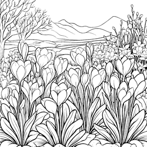 Lebendige Krokusse vor majestätischen Bergen Ausmalbild für kleine Naturliebhaber mit großen Träumen
