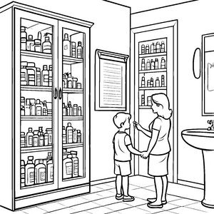 Spannender Medizinschrank mit vielen bunten Fläschchen Ausmalvorlage für kleine Gesundheitsabenteurer und Forscher