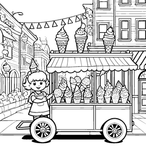 Bezaubernde Frau neben einem bunten Eiswaffelwagen Ausmalmotiv für kleine Genießer und kreative Köpfe