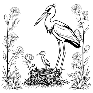 Schützender Storch mit zwei Küken im Nest Ausmalbild für neugierige Tierentdecker