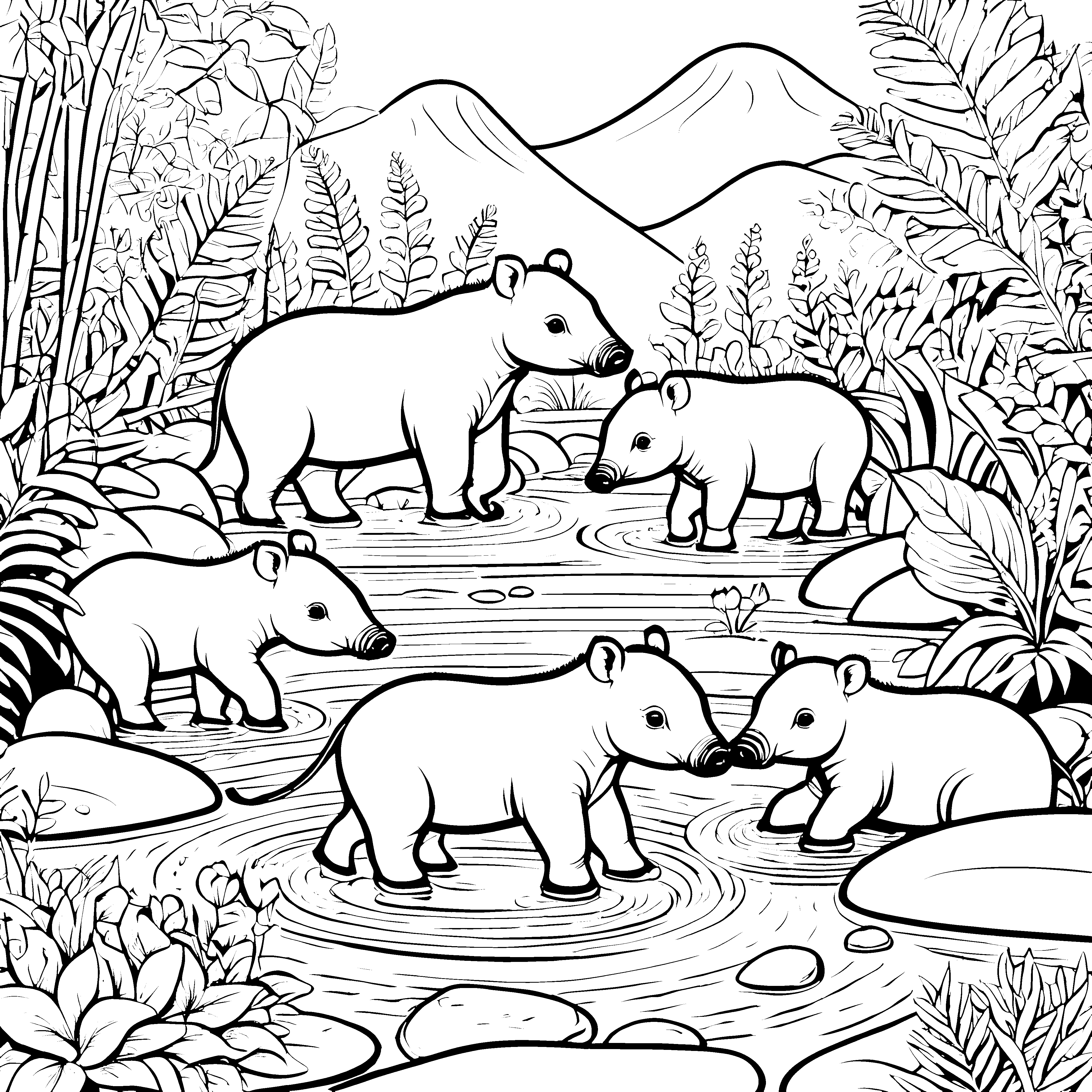 Drei verspielte Tapir Jungtiere am glitzernden Teich Ausmalbild für neugierige Wasserliebhaber und angehende Künstler