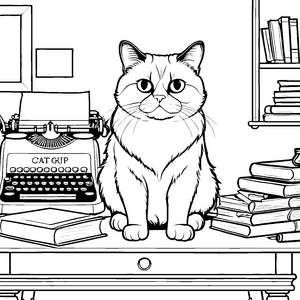 Grummelige Katze vor der alten Schreibmaschine Ausmalbild für neugierige Katzenfreunde