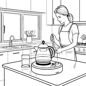 Heißer Wasserkocher in der modernen Küche Ausmalvorlage für kreative Küchenchefs