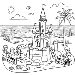 Prächtige Sandburg unter strahlender Sonne Ausmalbild für kleine Küstenarchitekten
