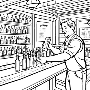 Fröhlicher Barkeeper mit bunten Flaschen Ausmalvorlage für kreative Genießer