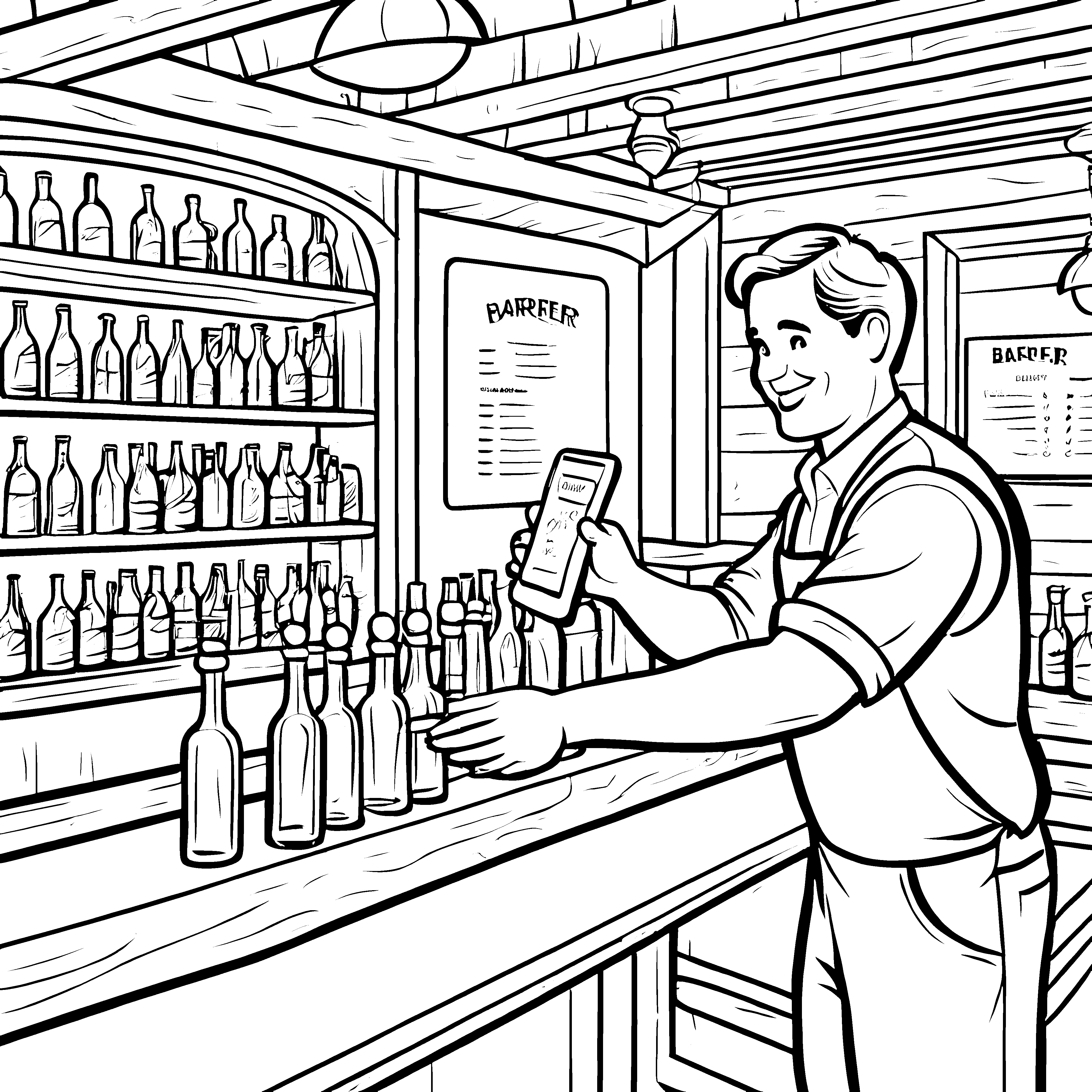 Fröhlicher Barkeeper mit bunten Flaschen Ausmalvorlage für kreative Genießer