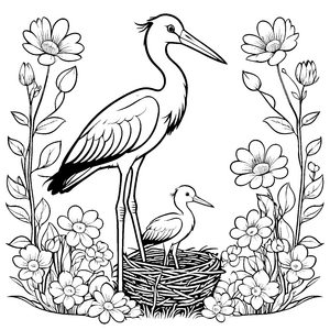 Bezaubernde Störche im Nest mit Blumen Ausmalvorlage für junge Naturentdecker