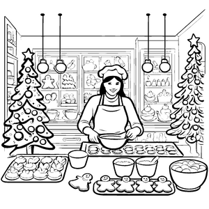 Kreative Bäckerin zaubert Lebkuchenmänner in der Küche Ausmalbild für kleine Weihnachtskünstler