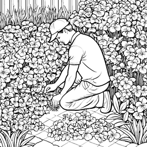 Zartes Veilchenfeld mit sammelndem Blumenliebhaber Malvorlage für blühende Fantasieentdecker