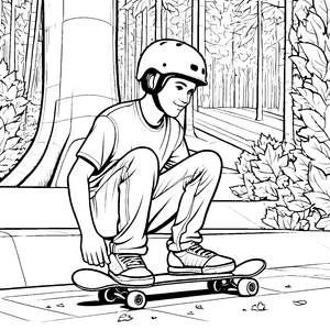 Coole Skateboardfahrt im bunten Herbstwald Ausmalmotiv für abenteuerlustige Kids