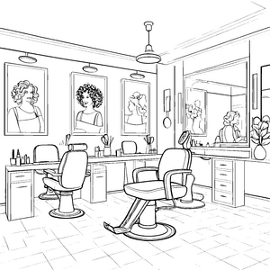 Schillernde Friseurstühle und entspannte Kunden Ausmalmotiv für trendbewusste Haarkünstler