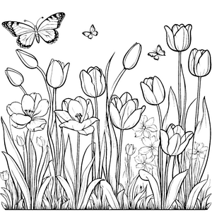 Bezaubernde Tulpen mit fliegenden Schmetterlingen Ausmalbild für kleine Blumenfälscher