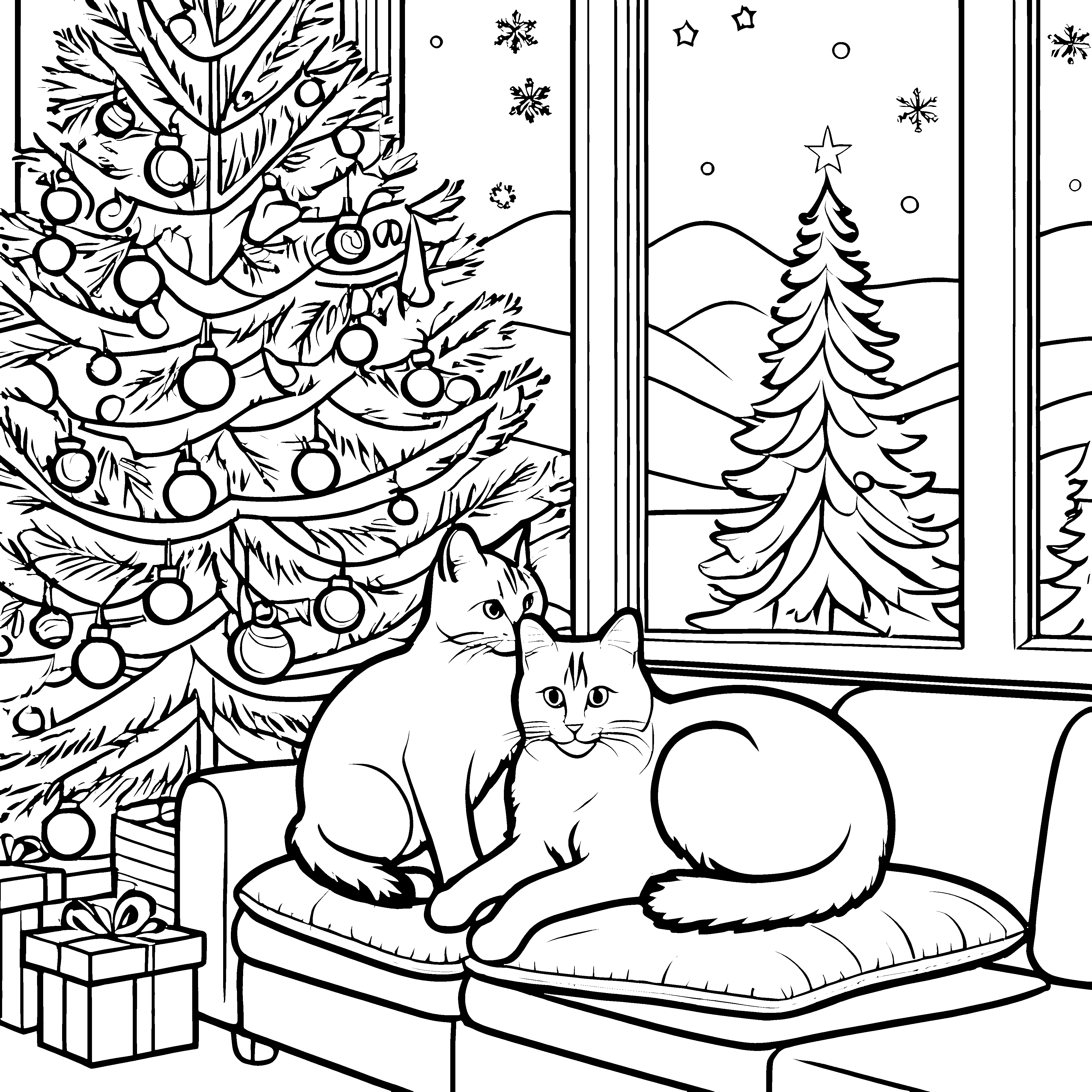 Flauschige Katzen unter dem Weihnachtsbaum Ausmalvorlage für kreative Weihnachtsfreunde