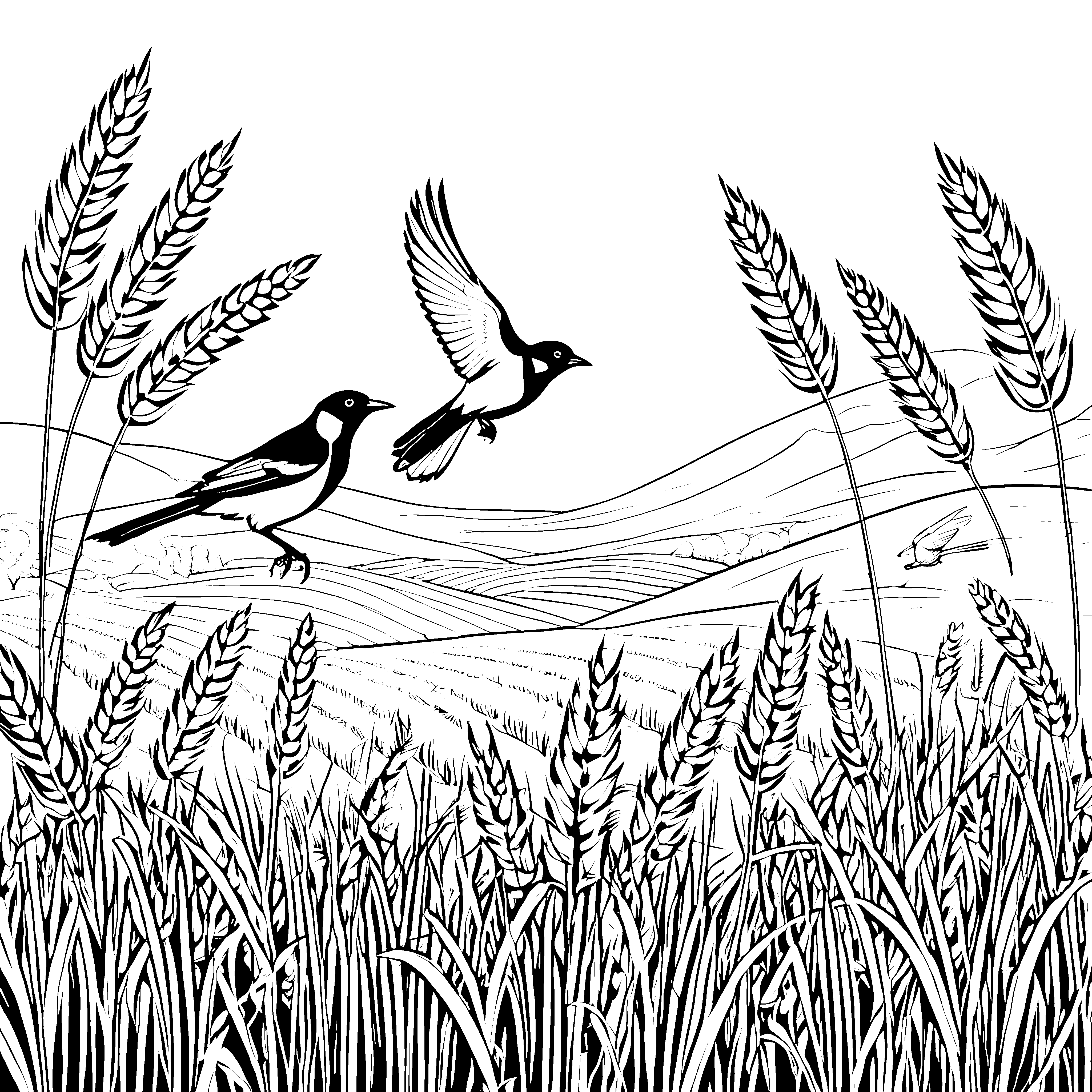 Zwei elegante Elstern im Flug über hohes Gras Ausmalvorlage für junge Naturliebhaber