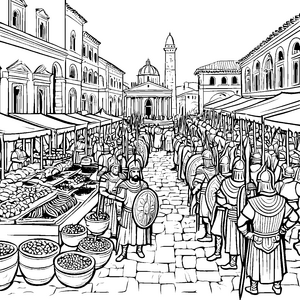 Tapfere römische Legionäre im lebhaften Marktgeschehen Ausmalbild für neugierige Geschichtsfans