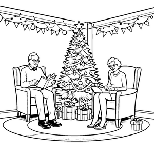 Gemütliche Lesestunde mit Großeltern unter dem Weihnachtsbaum Ausmalvorlage für fröhliche Festtagsentdecker