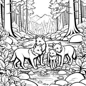 Vier beeindruckende Wolfsbabys am schimmernden Wasser Malvorlage für kleine Naturforscher