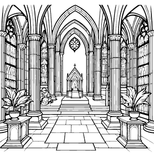 Faszinierende Kirchenarchitektur mit besinnlichem Ambiente Ausmalvorlage für wissbegierige kleine Künstler