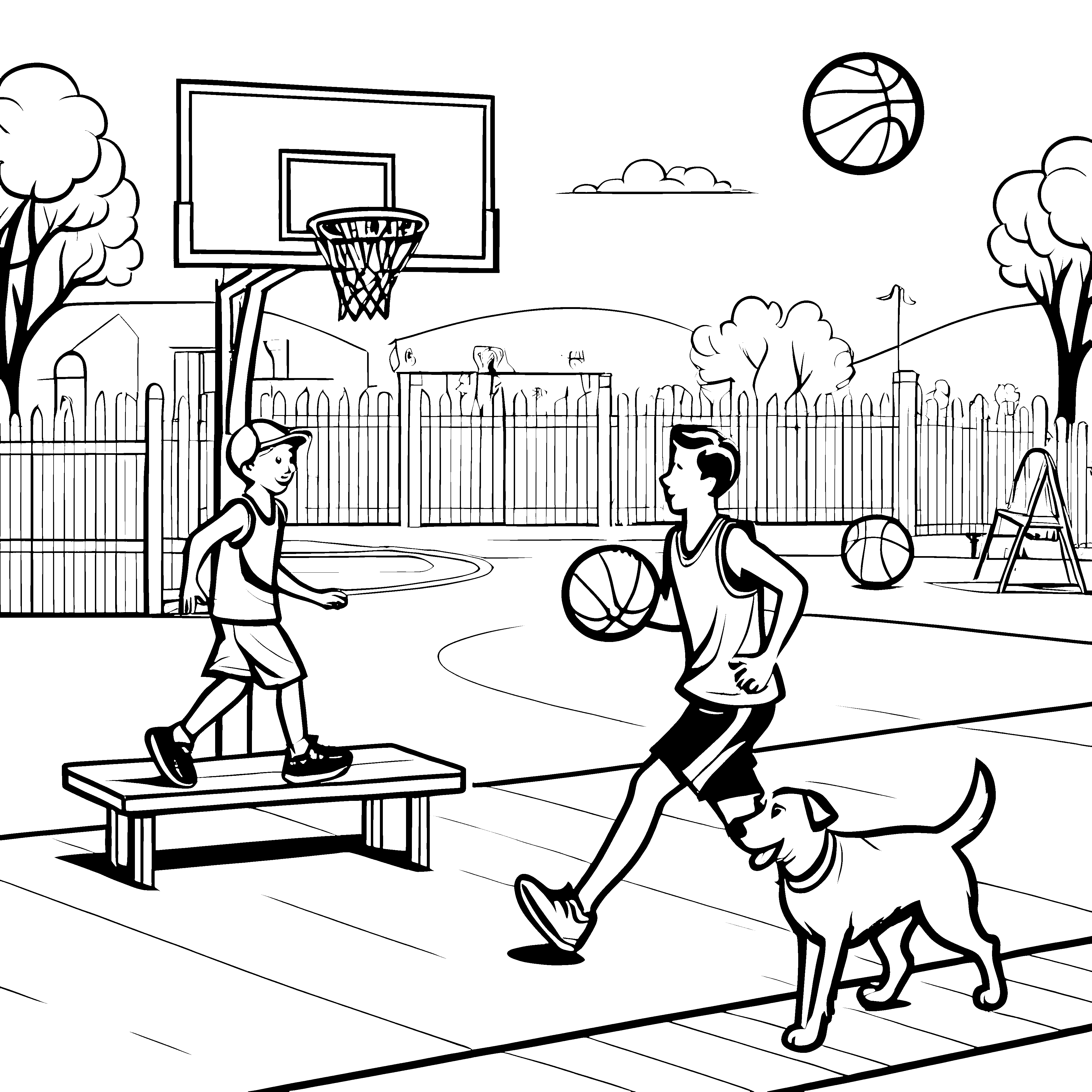 Kreative Basketballspieler mit fliegendem Ball Ausmalvorlage für sportliche Entdecker