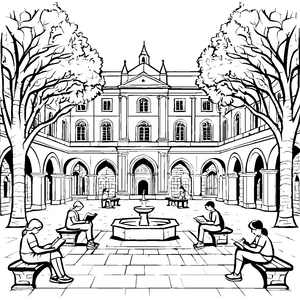 Inspirierendes Studienumfeld im Universitätsinnenhof Ausmalbild für wissbegierige Geister