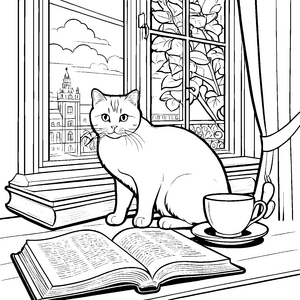 Verspielte Britisch Kurzhaar Katze auf der Fensterbank Ausmalvorlage für neugierige Katzenfreunde