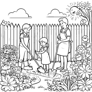 Lebhafte Gartenarbeit mit Schaufel und Blumen Malvorlage für kleine Outdoor-Forscher