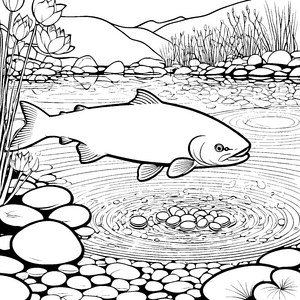 Lachse im Teich umgeben von Steinen Ausmalbild für kleine Tierfreunde