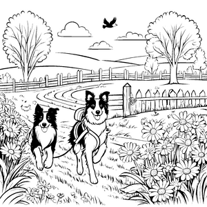 Aktive Border Collies im bunten Blumenfeld Ausmalvorlage für tierliebe Abenteurer