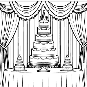 Prächtiger Hochzeitstorte auf festlichem Tisch Malvorlage für junger Genussentdecker