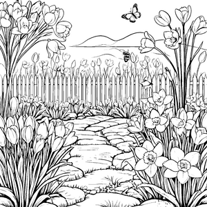 Wunderschöne Krokusse neben magischem Zaun Ausmalbild für kleine Entdecker mit sprühender Fantasie