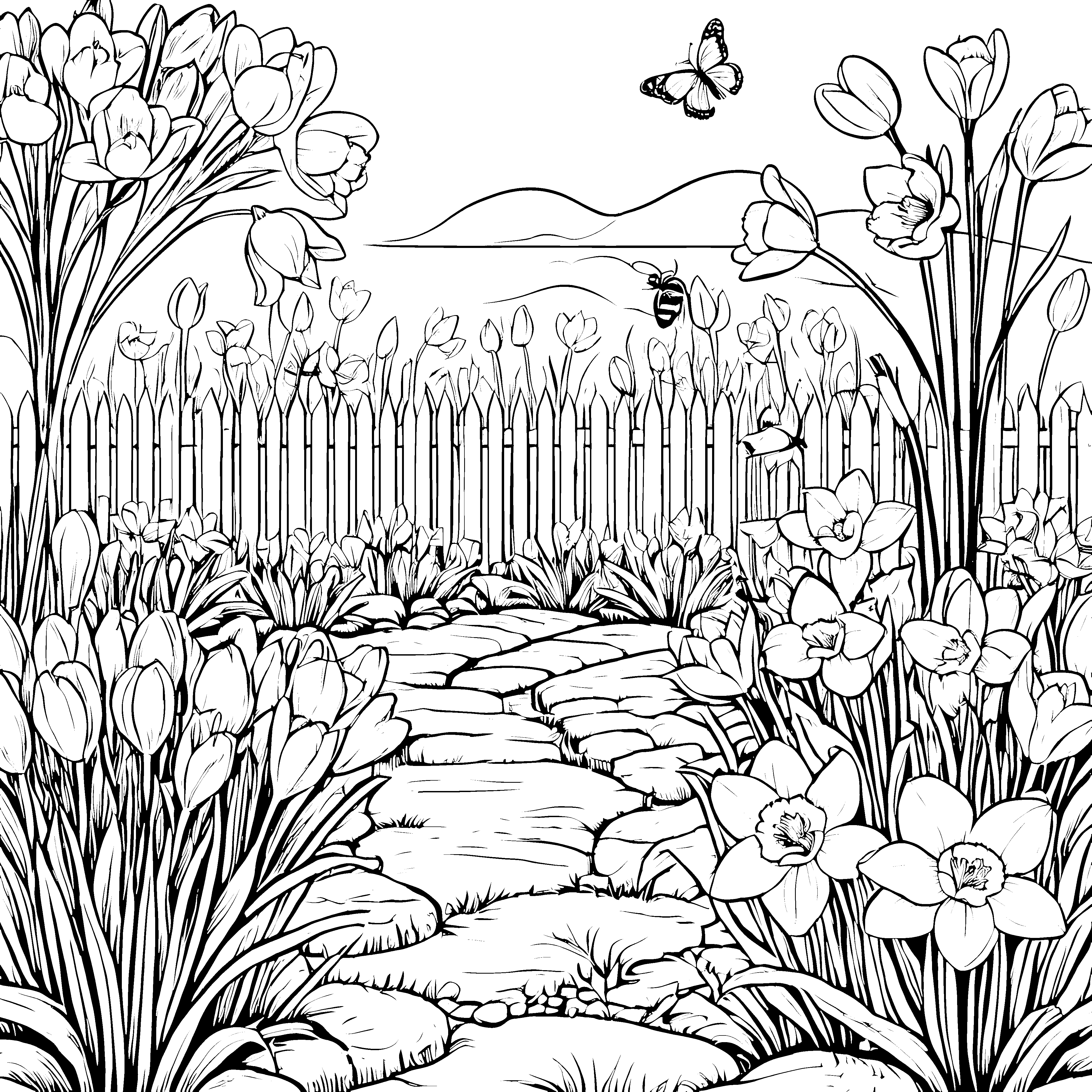 Wunderschöne Krokusse neben magischem Zaun Ausmalbild für kleine Entdecker mit sprühender Fantasie
