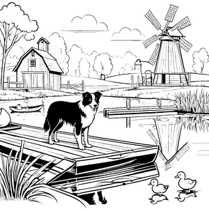 Schwimmender Border Collie am idyllischen Teich Ausmalbild für kleine Abenteurer
