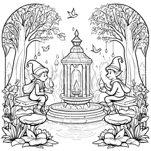 Zauberhafte Elfen am glitzernden Brunnen Ausmalmotiv für fantasievolle Künstler