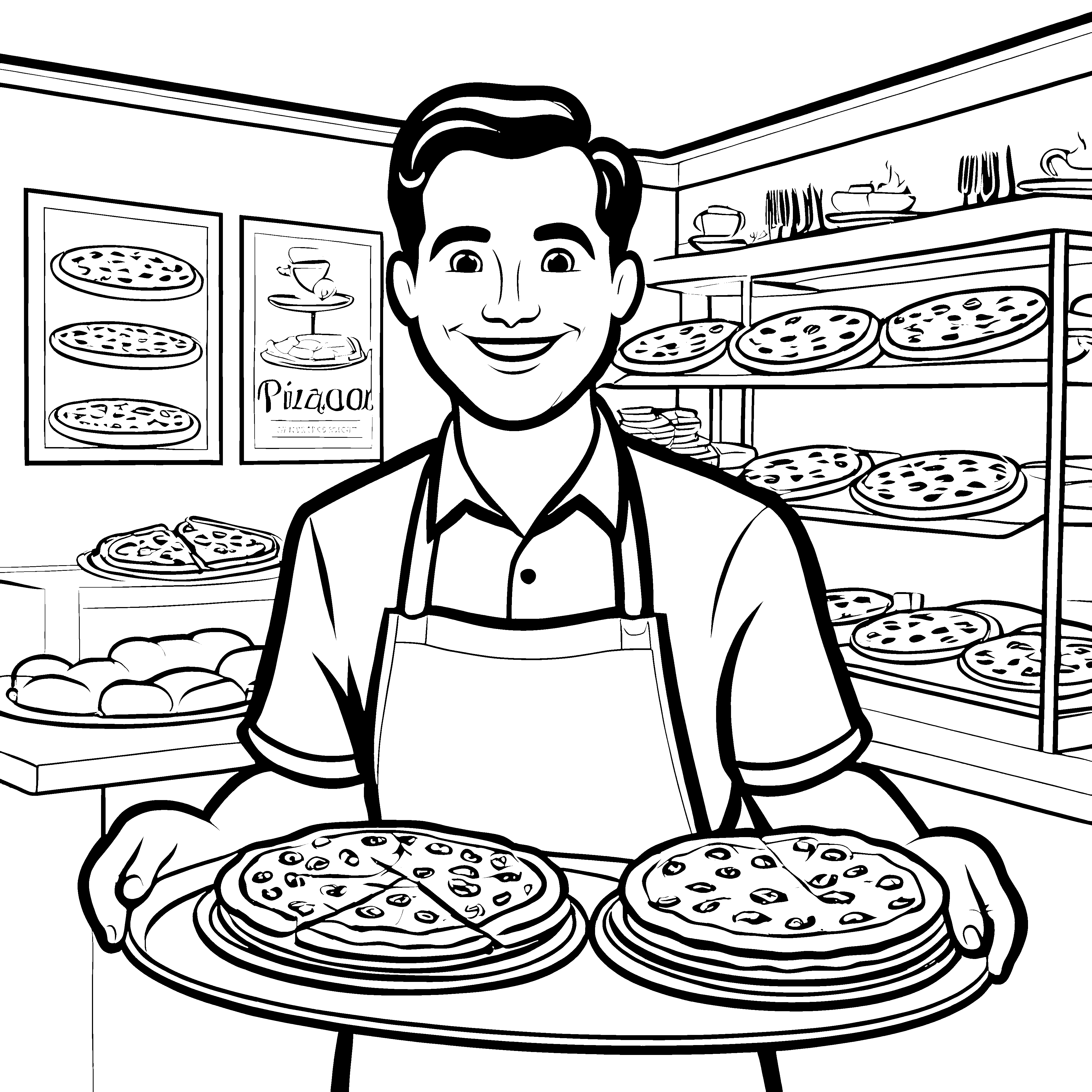 Begeisterter Kellner mit verführerischen Pizzas Malvorlage für kleine Genuss-Abenteurer