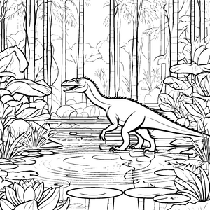 Begeisternder Velociraptor am geheimnisvollen Teich Ausmalbild für kleine Abenteurer