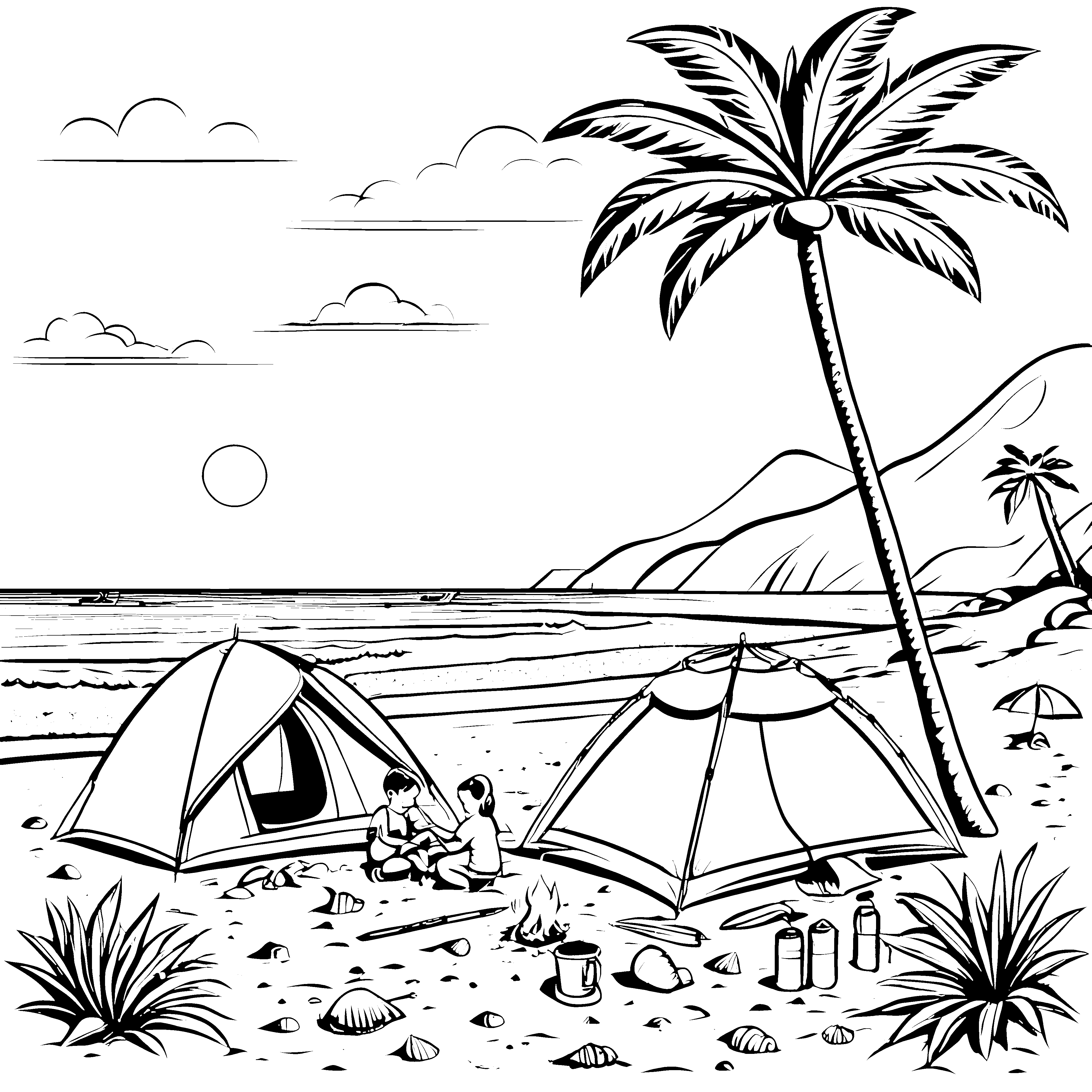 Sonniges Zeltvergnügen am Strand mit Freunden Malvorlage für lebhafte Entdecker