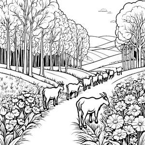 Bezaubernde Ziege zwischen bunten Blumen Malvorlage für neugierige Naturentdecker