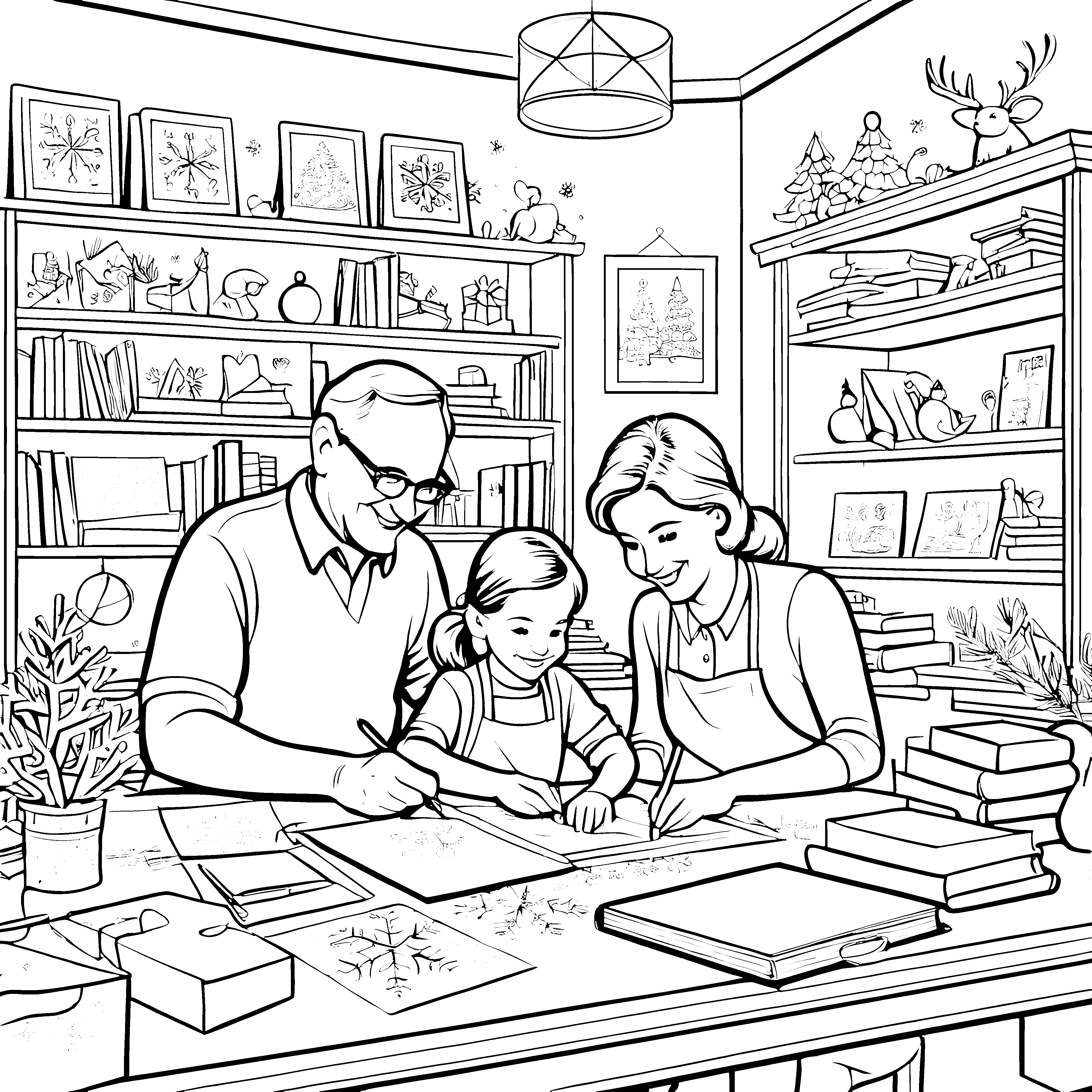 Wunderbare Familienzeit am Tisch mit vielen Büchern Ausmalvorlage für kleine Wissenschafler und Entdecker