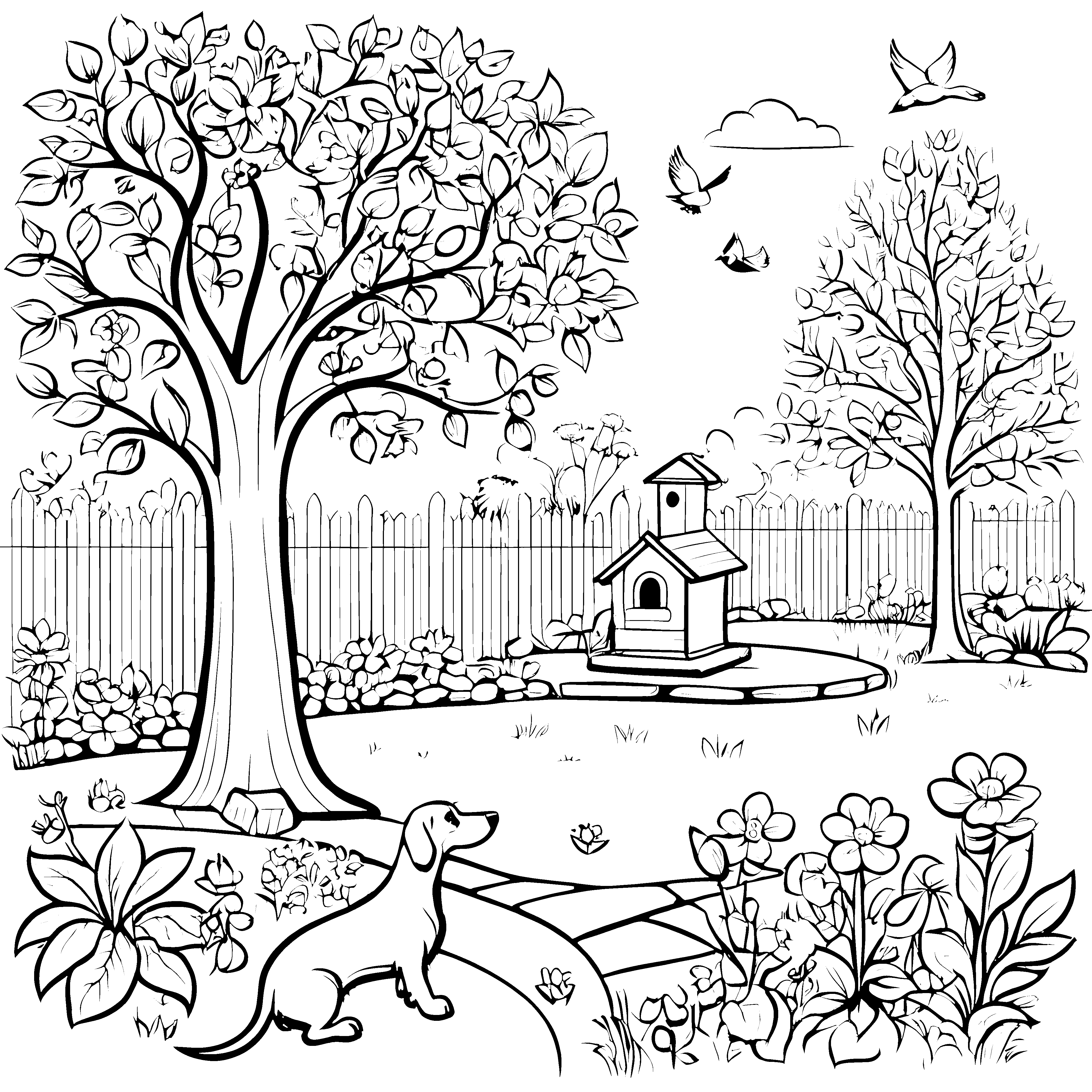 Dackel im bunten Gartenparadies Ausmalvorlage für kleine Naturforscher
