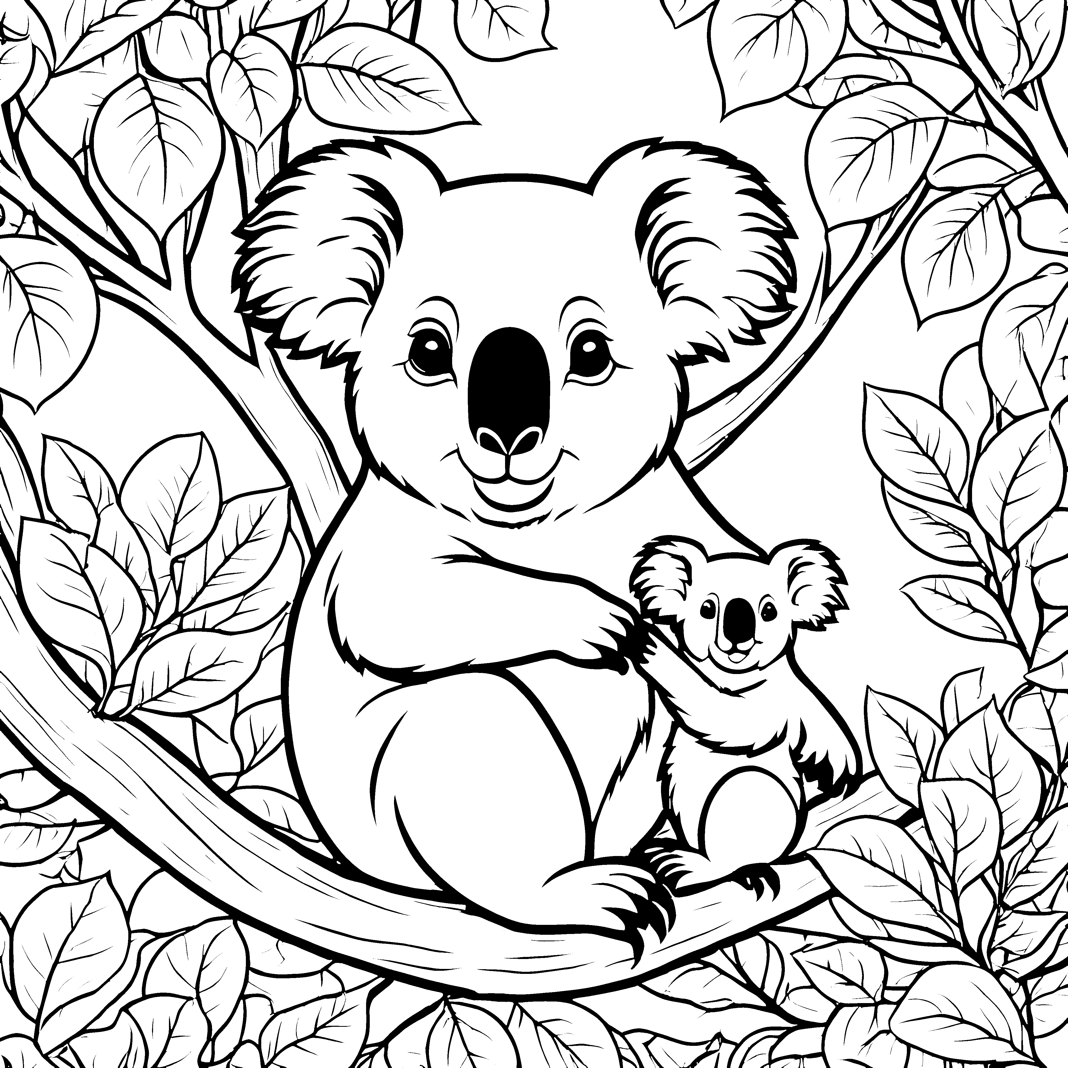 Herzerwärmende Koala-Mama mit ihrem Baby auf Ast Malvorlage für kleine Naturforscher