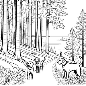 Drei Labrador Retrievers beim Waldspaziergang Ausmalbild für tierliebe Entdecker