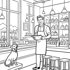 Höflicher Kellner mit treuem Hund am Buffet Ausmalbild für neugierige Gaumenforscher