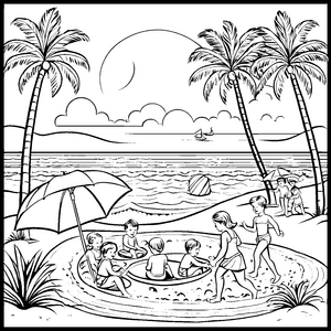 Lustige Strandspielenden unter dem Sonnenschirm Malvorlage für fröhliche Wasserfreunde