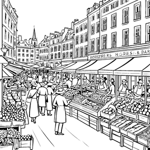 Vielfältiger Markt mit fröhlichen Kunden und buntem Angebot Ausmalvorlage für neugierige Entdecker und kreative Genussliebhaber
